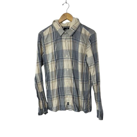 Hollister Blue & Ivory Plaid Hooded Button Up Shirt Men's Medium - Picture 1 of 6